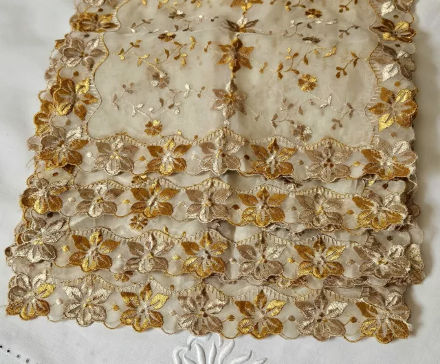 VINTAGE SHEER ORGANZA Embroidered Table Runner Dresser Scarf Gold Set ...