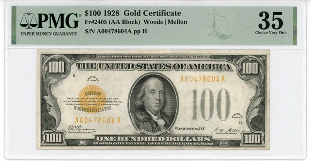 NobleSpirit No Reserve US Fr 2405 1928 $100 Gold Certificate OMG 35