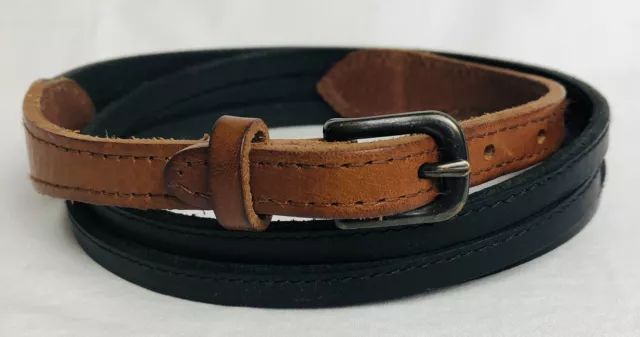 Rag & Bone Women’s Belt Sz M Made In England Black Leather Strips Brown Trim