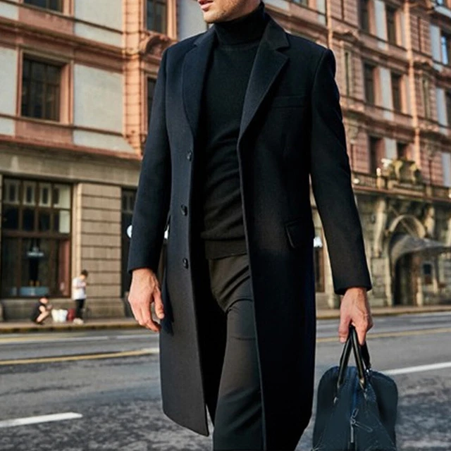 Mens Winter Trench Coat Long Jacket Lapel Neck Outwear Single Breasted Overcoat 8