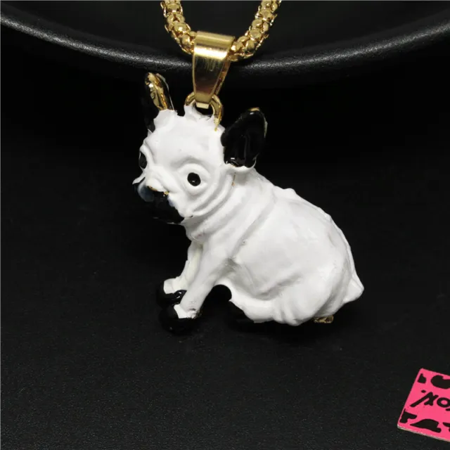 New Fashion Women White Enamel Cute Pitbull Dog Crystal Pendant Chain Necklace