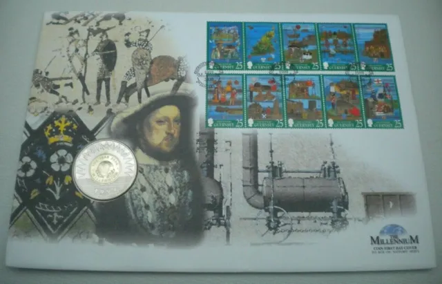 1999 The Millennium 1999 Bailiwick Of Guernsey £5 Coin First Day Cover Pnc Info