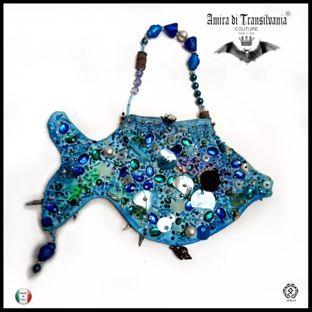 borsa donna mano pochette elegante originale pesce azzurra seta strass paillette