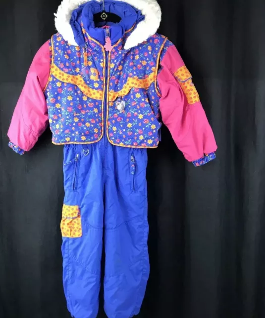 Vtg Obermeyer Ski Snow Suit Coveralls Youth Girls Sz 4 Sunshine Roses Pink Blue