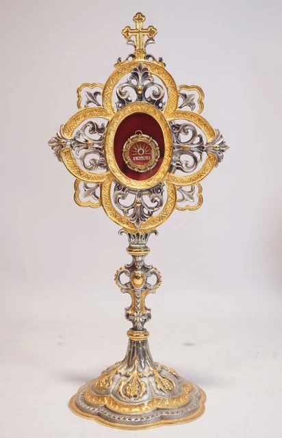 Ältere Monstranz Reliquiar mit S. Pius Pp. X Reliquie Relic Metall vergoldet