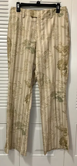 Womyn Beige Pin Stripe Straight Leg Dragon Gold Trim Textured Women's 10 Pants