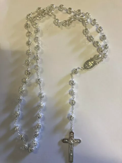 NEW Larger Sliver Rosary Round Beads Necklace/Crucifix in Gift Box