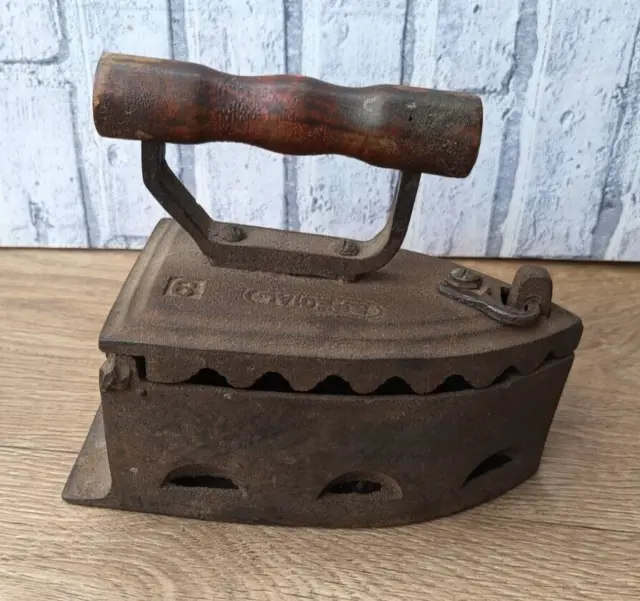 9" Vintage Coal Cast Iron with Wooden Handle Antique Iron with Coal Compartment.