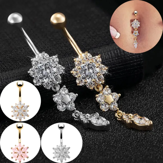 CZ Flower Belly Button Ring Surgical Steel Dangle Navel Barbell Piercing 14g