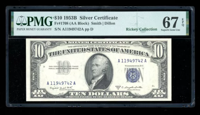 DBR 1953-B $10 Silver Fr. 1708 Superb Gem PMG 67 EPQ Serial A11949742A