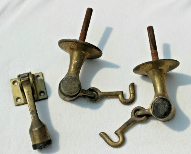 3 Lot Vintage Commercial Brass Door Stop Holders – 1 Kick Down & 2 With Hooks