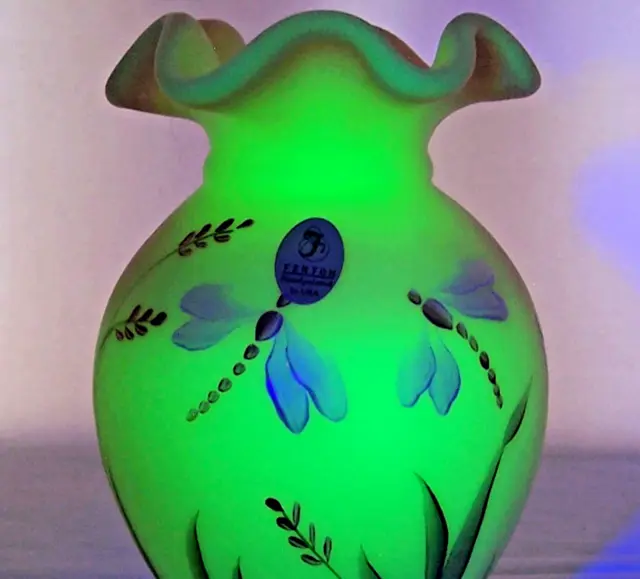 Fenton Dragonflies Vase Blacklight Glow Florals LE Family Burmese Sanded NOS MIB