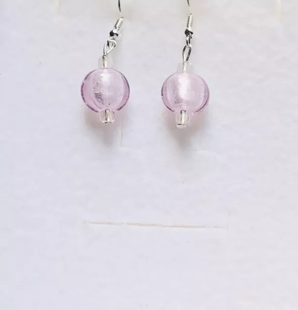 Stunning Baby Pink Silver lined Oval Murano Glass Drop Earrings