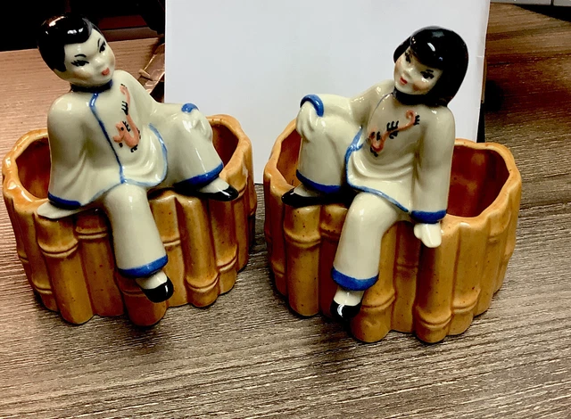 Vtg Ceramic Arts Studio Pair Chinese Boy Girl Bamboo Planters Betty Harrington