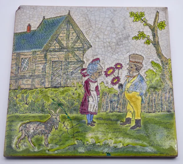  ° Relief Victorian FARMER goat  Emaux de GIEN Art Nouveau Tile Jugendstil Tegel 2
