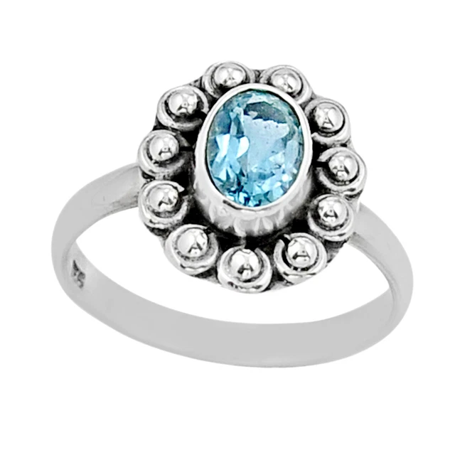 925 Sterlingsilber 1,51 Karat facettierter natürlicher blauer Topas ovaler Ring Größe 6,5 Q1360