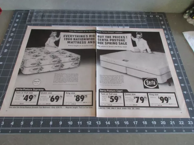 1966 Serta Posture Capri & Supreme Mattress King & Queen 2-Page Vintage Print Ad