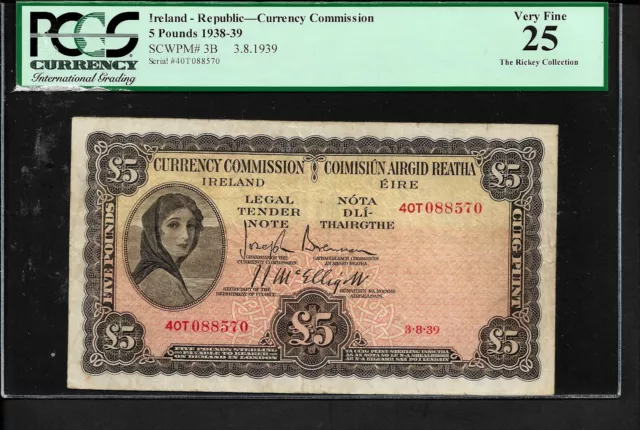 Ireland p-3B, VF, 5 Pounds, 1939, Lady Lavery, PMG Graded 25