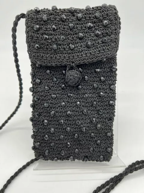 Small Vintage Black Evening Bag Purse Handbag Woven Crocheted Beaded Long Strap
