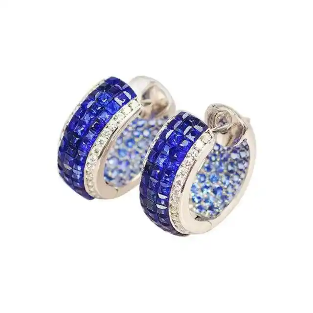 Special Design Deep Blue 8.13CT Sapphire With White Round Cut CZ Hoop Earrings