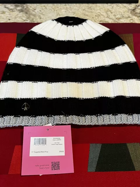 NEW kate spade new york Striped Rib Knit Beanie In Black & White Stripe