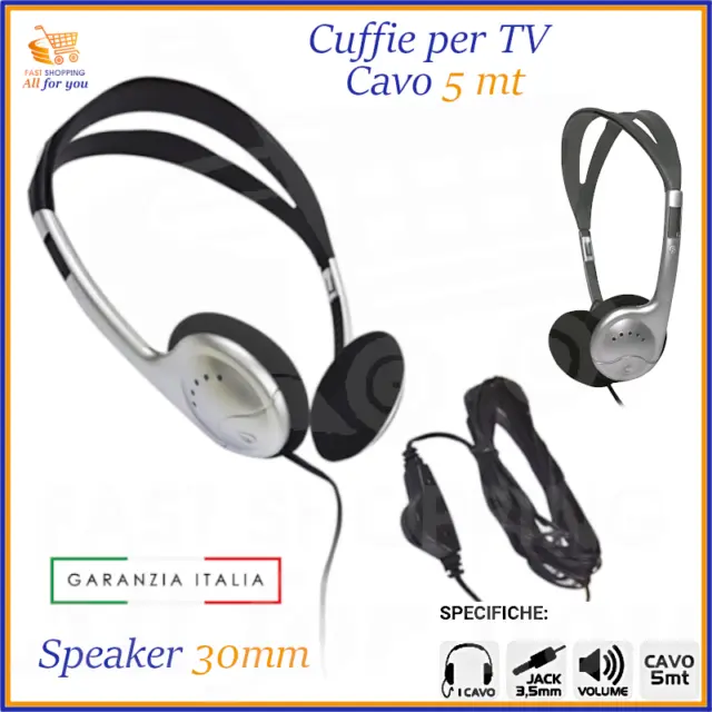 Cuffie cuffiette con filo per TV cavo jack cuffia stereo hi fi hifi x musica 5mt