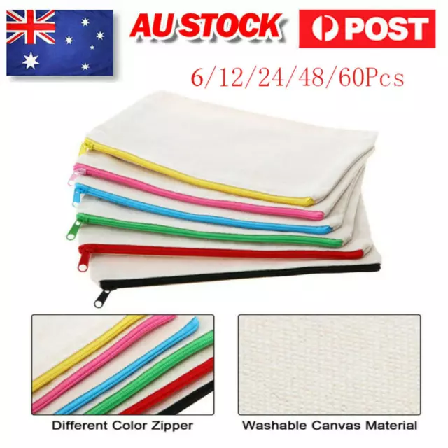 6-60Pcs Student Canvas Pen Pencil Case Coin Pouch Blank Make-Up Zip Bags Pockets