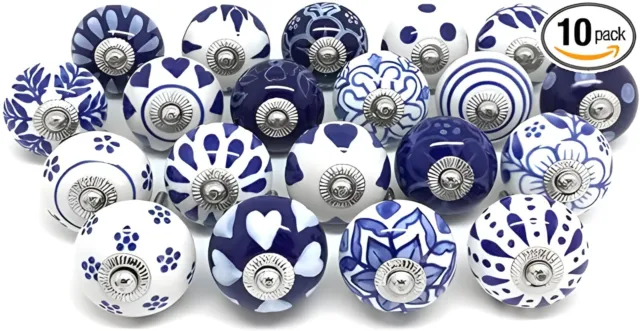 White And Blue Ceramic Knobs And Pulls Vintage Hand Painted Drawer Set Of 10