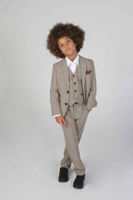Abito 3 pezzi beige tweed ragazzo premium bambini bambini pagina matrimonio ragazzo età 1-14