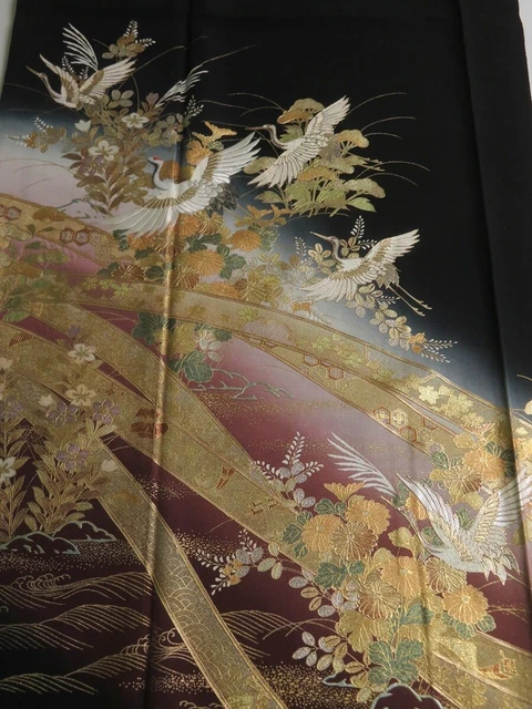 1W01z120 Japanese Kimono Silk Artist work FABRIC Black Crane, Wave 45.7"