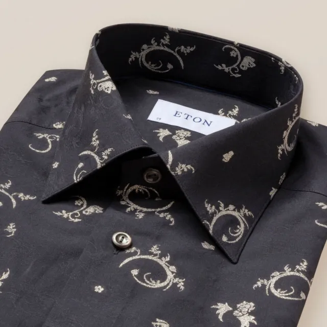 Eton Mens Black Fantasy Shirt-Size 16 Contemporary Fit. 100% Cotton. Single Cuff