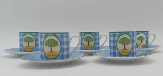 Service à café Guy Degrenne en porcelaine blanche bordure bleu – 4 tasses et sous-tasses (neuf) - Arts de la table