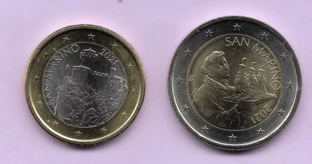 Lot 1 Euro + 2 Euros SAINT MARIN 2021, sous pochette, € SAN MARINO, KM 561 + 562