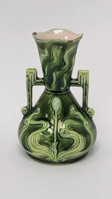 European Majolica 4037 Art Nouveau Twin Handle Small Green Vase H5.5" A100 G123