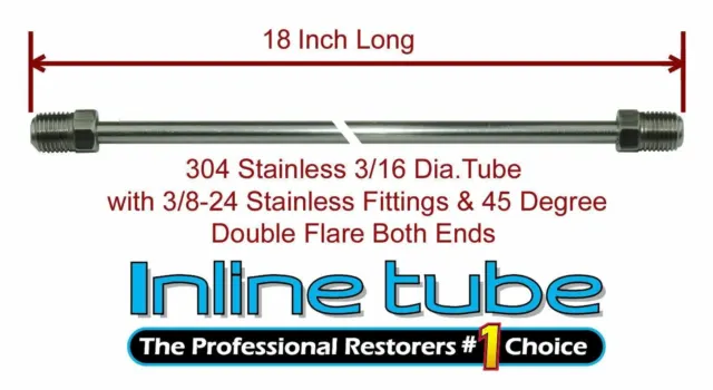 3/16 Brake Line 18 Inch Stainless Steel 3/8-24 Tube Nuts 45 Degree Double Flare