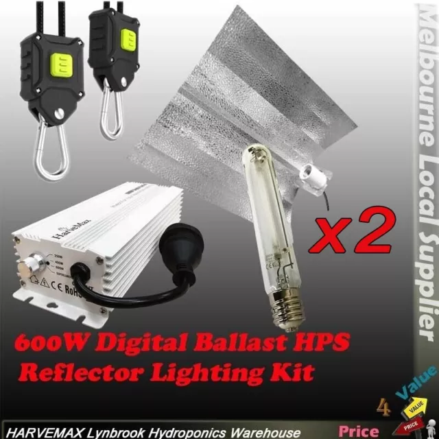 2x Hydroponics 600W HPS Grow Light Kit Digital Ballast Wing Shade Lighting Combo