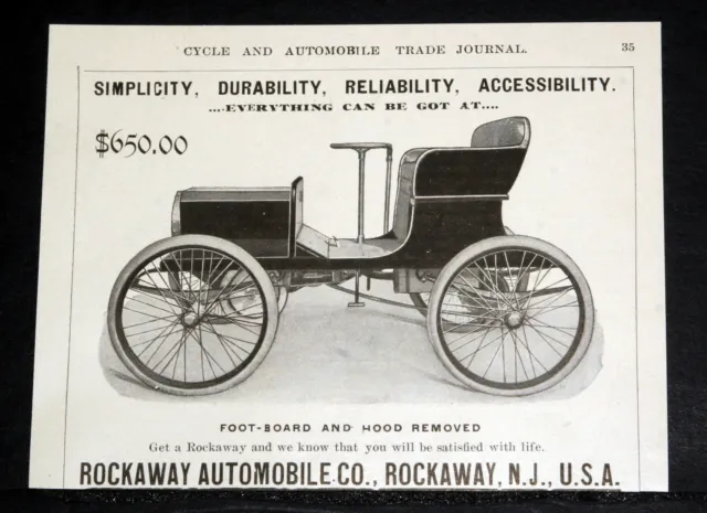 1903 Old Magazine Print Ad, Rockaway Automobile, Reliability And Accessibility!