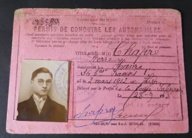 Ancien permis de conduire les automobiles Septembre 1932 Homme