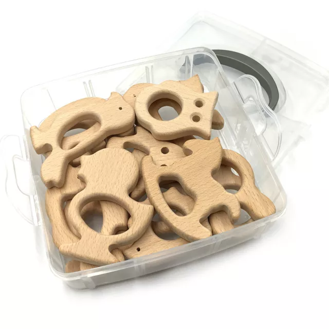 Natural Beech Wood Animal Kit Box Teething Ring Safe Baby Teether Jewelry DIY 3