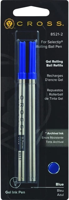 Cross A. T 85212 Selectip Rollerball Pen Refill, Medium Point, 2/Pk, Blue Ink