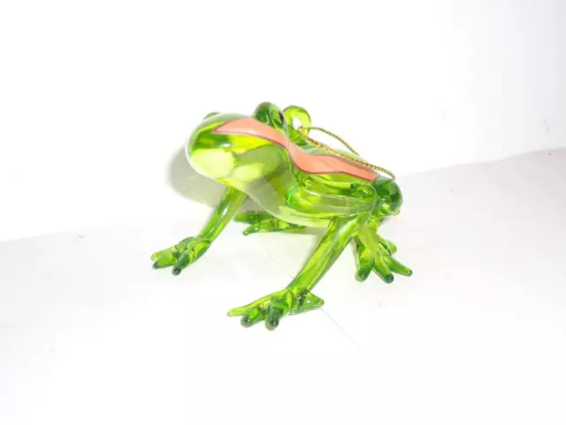 Adorable Blown Glass Frog Figurine Ornament Murano Style Green With Pink Stripes 2