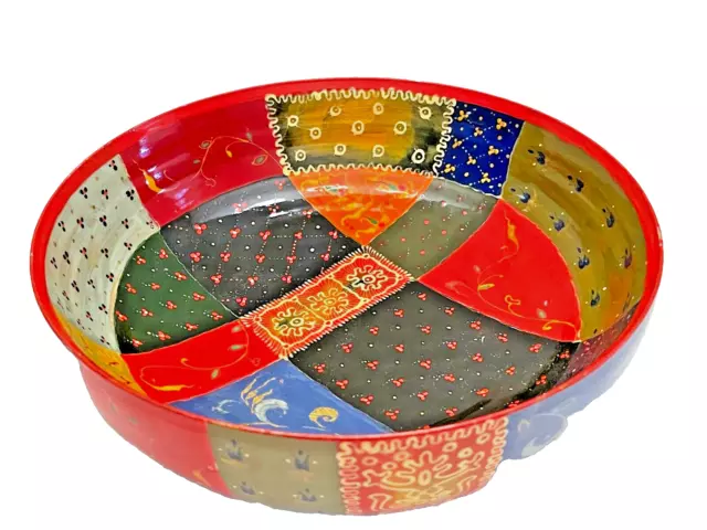 Bowl Lacquered Wood Signed 7.5 Inch Colorful Patchwork Vintage