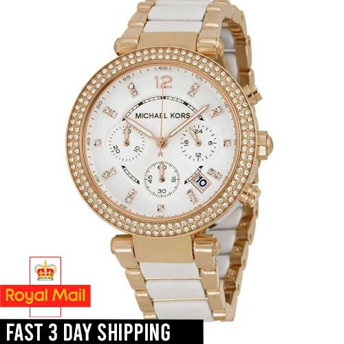 Michael Kors Womens Parker MK5774 Chronograph Rose Gold-tone White Acetate Watch