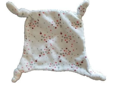 Doudou Mes petits Cailloux Mouchoir Blanc Carre  Pois Rose 4 nœuds  Plat