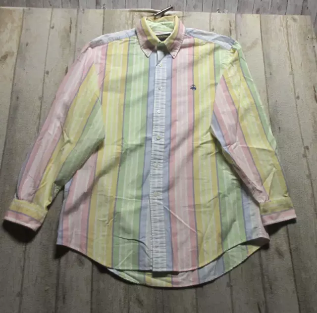 Brooks Brothers Shirt Mens Medium Pink Blue Pastel Striped Easter Supima Casual