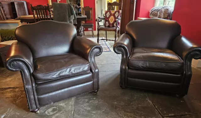 Pair of Laura Ashley Leather Armchairs - Chesterfield Style