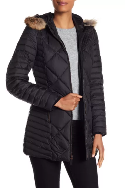 NWT Marc New York Andrew Marc Womens Black Quilted Coyote Fur Trim Down Coat S