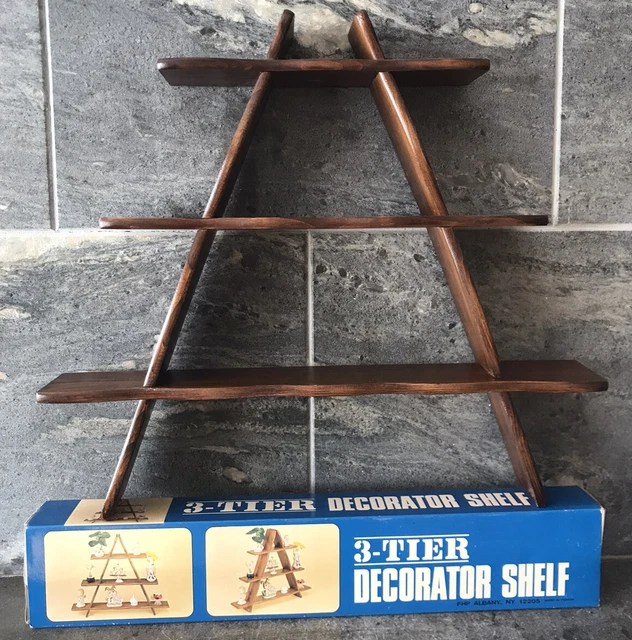 Vtg Wooden Shelf Triangle 3 Tier Wall Or Floor Knick Knack NIB NEW OLD STOCK