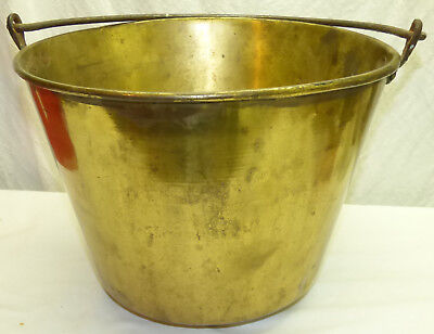 Antique 1800s Large Primitive Brass Pail Bucket w/ Wrought Iron Handle 12x14 3