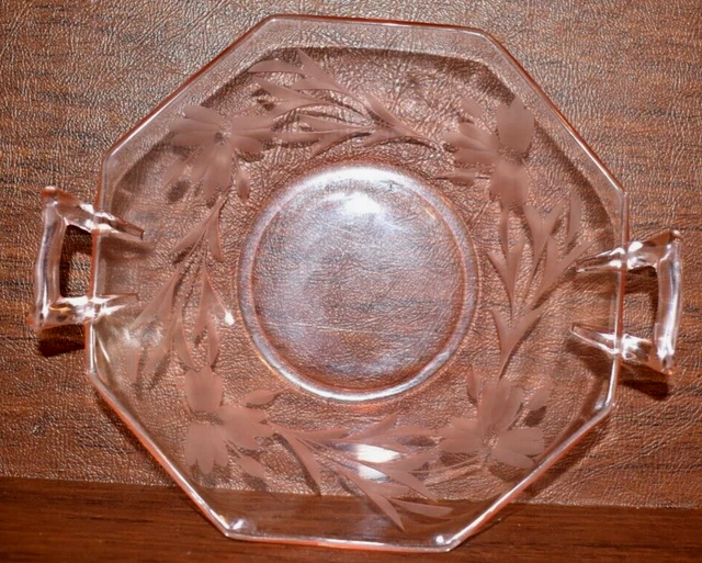 PINK DEPRESSION GLASS Octagon Candy Dish 7" Etched Flowers and Handles